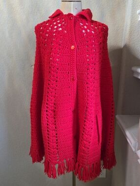 Handcrafted Red Crochet Fringe Women's Sweater Cape